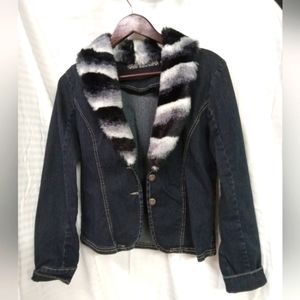 OLD SKOOL Blazer Jacket Jean Denim Black & White ,Fur Collared  Size M/36